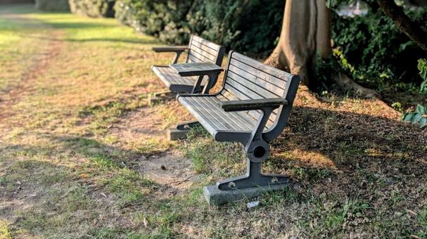 夕日に染まる、公園のベンチ 夕日に染まる、公園のベンチ ベンチ,公園,夕日の写真素材