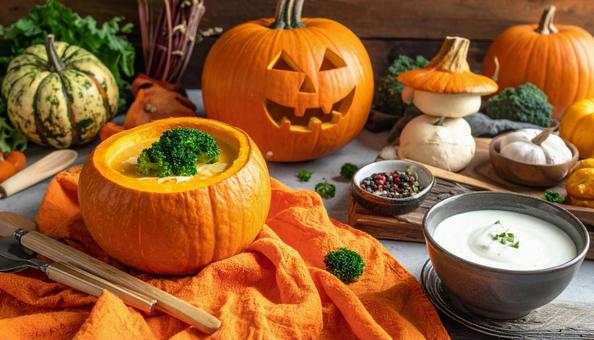 ハロウィン料理　かぼちゃの器のスープの写真