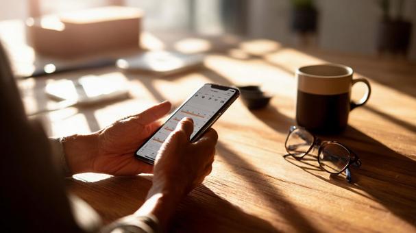 スマホ操作と朝の光の写真