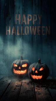 青い霧と木の板に刻まれたハロウィン文字 青い霧と木の板に刻まれたハロウィン文字の写真
