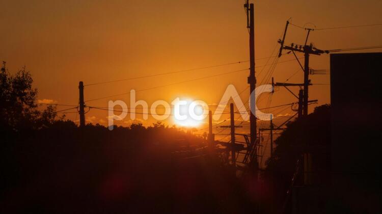 沈む夕日と電柱 夕日,太陽,夕方の写真素材