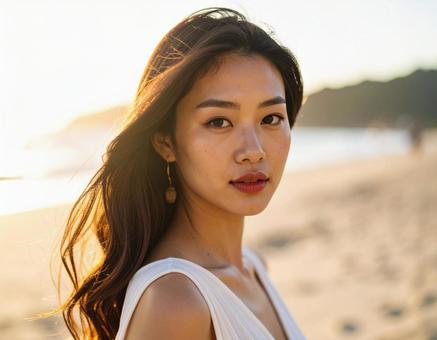 晩夏・夏の終わり、海辺の彼女の写真