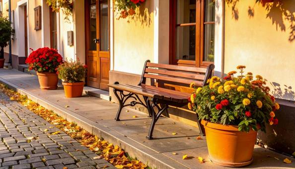 紅葉の街角・かわいいカフェベンチ 紅葉の街角・かわいいカフェベンチの写真