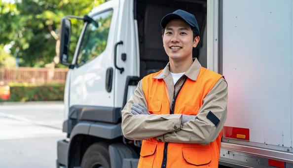 トラックから降りる作業着の男性の写真