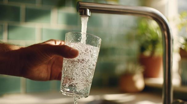 蛇口からグラスに注がれる新鮮な水の写真