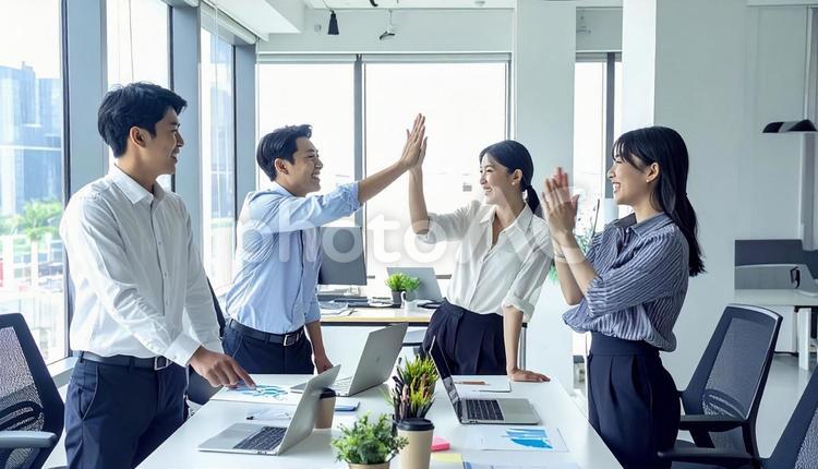 喜びを分かち合うビジネスチーム ハイタッチ,ビジネス,成功の写真素材