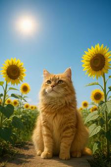 ひまわりと夏空と茶トラ猫 ひまわりと夏空と茶トラ猫の写真