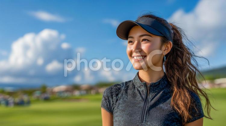 夕暮れゴルフ場の女性 ゴルフ,女性,スポーツの写真素材