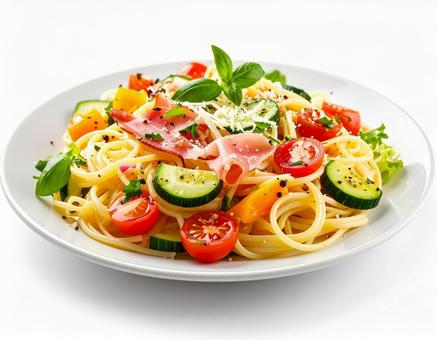 夏野菜と生ハムの冷製カッペリーニ 夏野菜と生ハムの冷製カッペリーニの写真