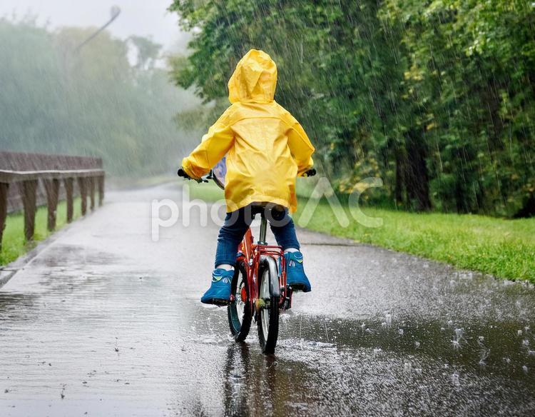 レインコートを着て自転車に乗る子供 自転車,子供,雨の写真素材