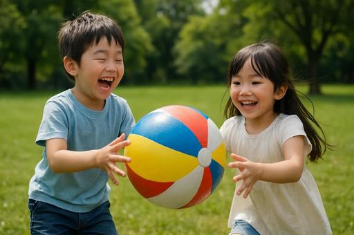 公園でビーチボールで遊ぶ子供たちの写真