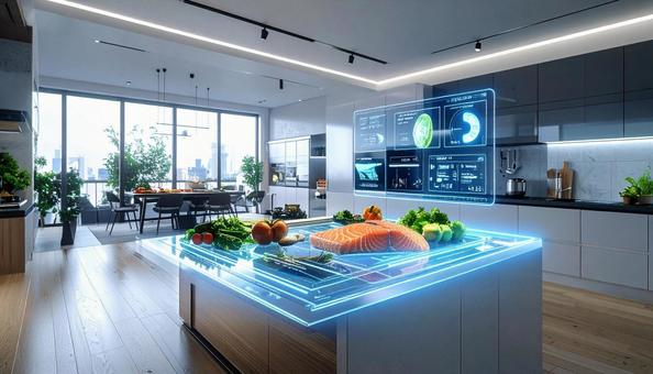 食材の並べられたキッチンにホログラムの写真