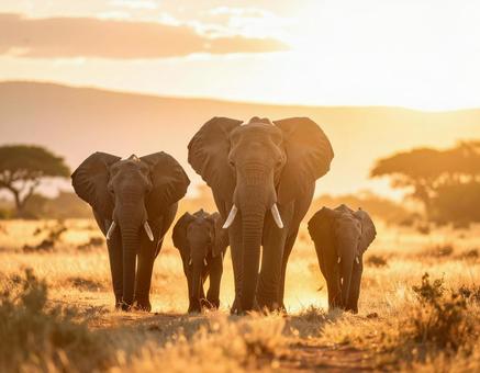 象の親子 夕暮れ時のサバンナを歩く1 象の親子 夕暮れ時のサバンナを歩く1の写真