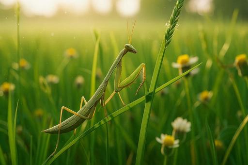 花咲く草原の中を歩くカマキリ 花咲く草原の中を歩くカマキリの写真