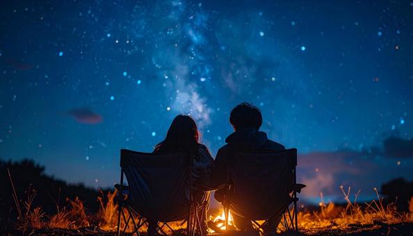 火を囲み星空を見上げるカップル 火を囲み星空を見上げるカップルの写真