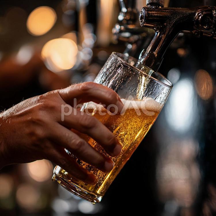 グラスに注がれる黄金色の生ビール ビール,生ビール,グラスの写真素材