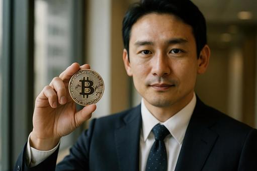 ビジネスマンとビットコインの写真