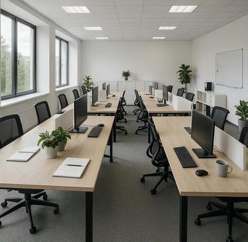 社員が働く明るく広いオフィス 社員が働く明るく広いオフィスの写真