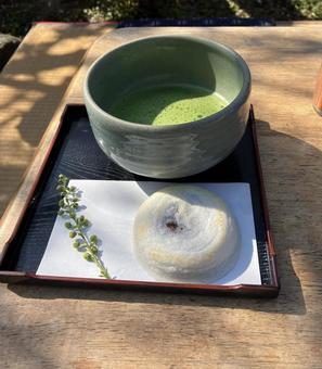 抹茶と梅ヶ枝餅 梅ヶ枝餅,抹茶,太宰府の写真素材