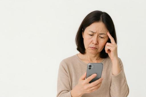スマホを見て悩む中年女性 スマホを見て悩む中年女性の写真
