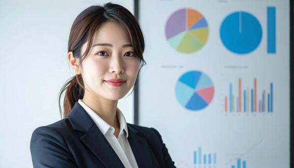 グラフの前に立つ日本人女性会社員 グラフの前に立つ日本人女性会社員の写真