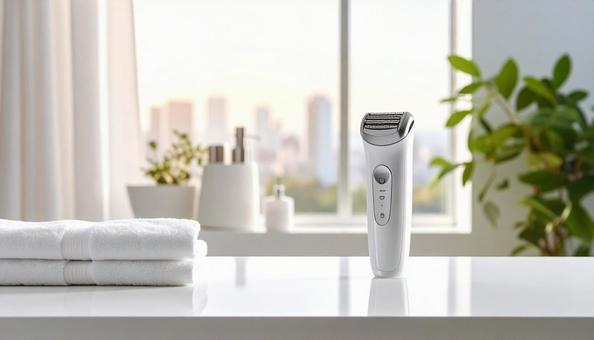 テーブルの上の電動シェーバーとタオルの写真