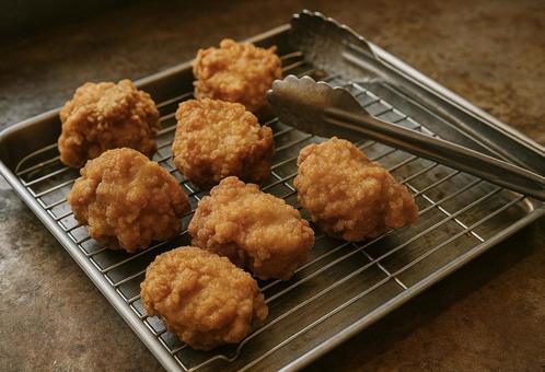 調理場で揚げた唐揚げとトング 調理場で揚げた唐揚げとトングの写真