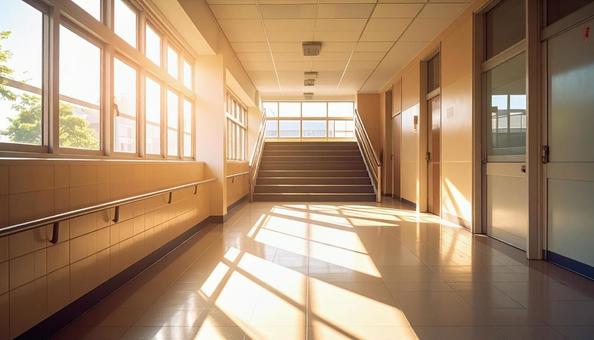 明るい日差しの差し込む学校の階段と踊り場 明るい日差しの差し込む学校の階段と踊り場の写真
