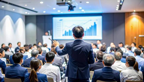 A back view of a shareholder asking a question to management at a shareholders' meeting, shareholder, businessman, microphone, JPG