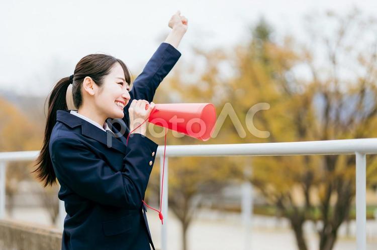 メガホンを使って声援を送る女子高校生 エール,メガホン,声援の写真素材