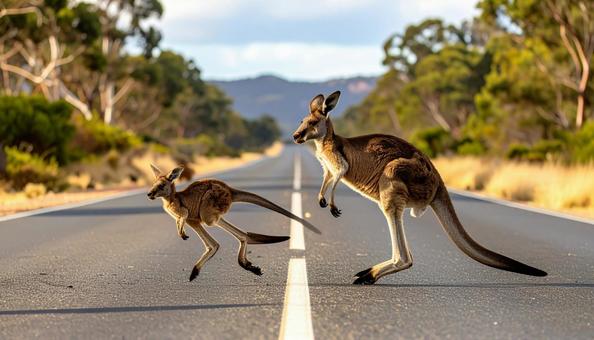 道路を横切るカンガルーの親子 道路を横切るカンガルーの親子の写真