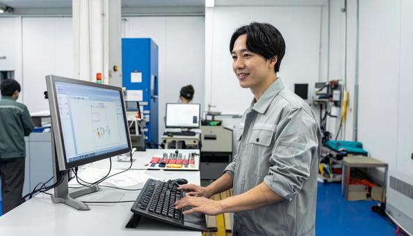 工場の三次元測定機を使う作業服の男性 工場の三次元測定機を使う作業服の男性の写真