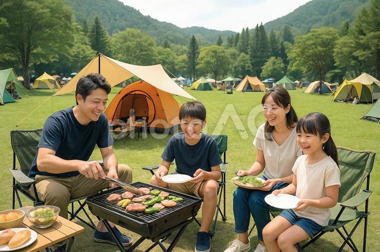 キャンプ場でバーベキューをする家族 ai生成,キャンプ,キャンプ場の写真素材