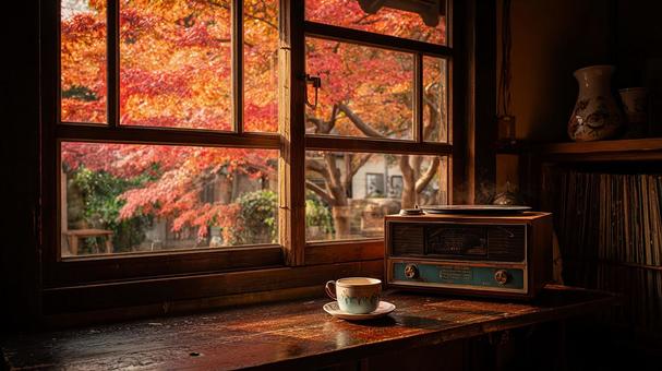 紅葉を眺める和室のひとときの写真