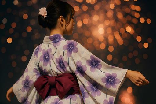 紫浴衣と花火 紫浴衣と花火の写真