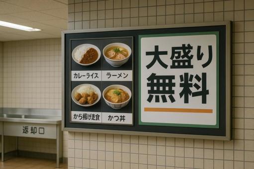 学食のメニューにある「大盛り無料」表示 学食のメニューにある「大盛り無料」表示の写真