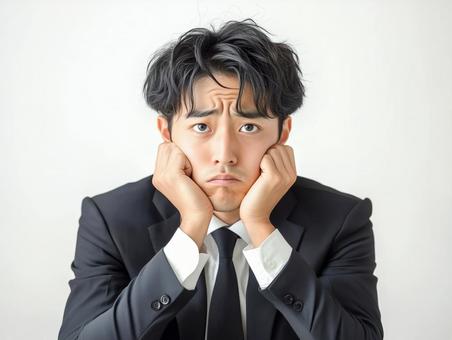 頬杖をついて悩む若い男性ビジネスマン 頬杖をついて悩む若い男性ビジネスマンの写真