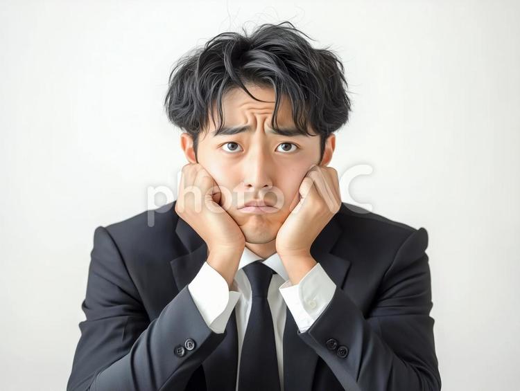 頬杖をついて悩む若い男性ビジネスマン 男性,ビジネスマン,悩むの写真素材
