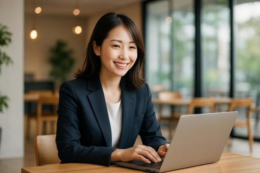 ノートパソコンで仕事をする女性社員 ノートパソコンで仕事をする女性社員の写真