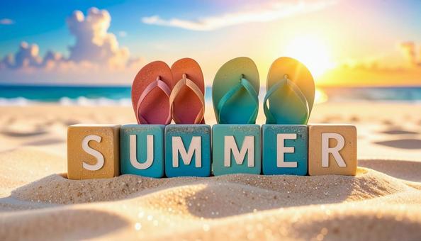 砂浜にSUMMERと書かれたブロック 砂浜にSUMMERと書かれたブロックの写真