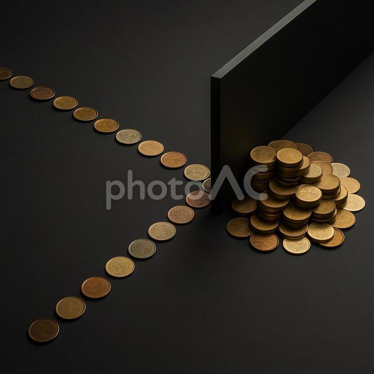 仕切りを越える硬貨（蓄積と障壁） 硬貨,金貨,積み重ねの写真素材