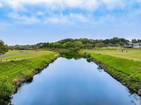 偕楽園公園の花追橋から眺める南側の沢渡川 偕楽園公園の花追橋から眺める南側の沢渡川 偕楽園公園,常磐公園,花追橋の写真素材