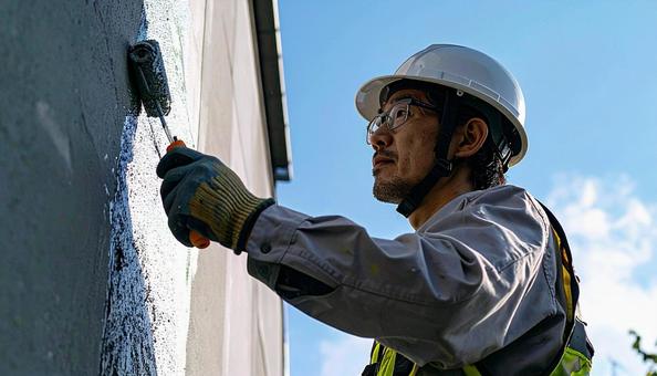 住宅の外壁塗装をする作業服の男性 住宅の外壁塗装をする作業服の男性の写真