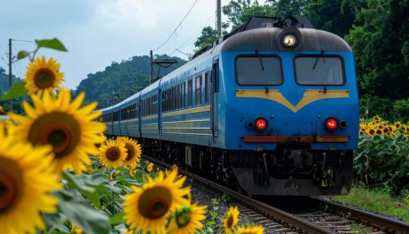 向日葵と電車 向日葵と電車の写真