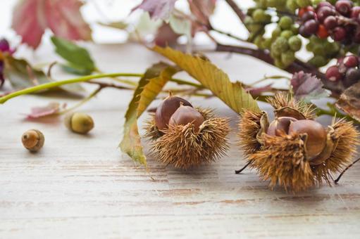 Autumn frame background of chestnuts, grapes and chestnut leaves, autunno, castagno, frutta, JPG