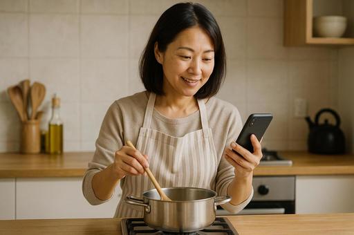 スマホでレシピを見る主婦の写真