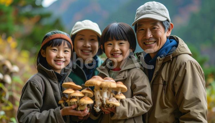 きのこ狩り　キノコを収穫して笑顔の家族  きのこ狩り,秋,子供の写真素材