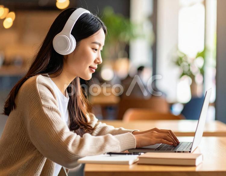お気に入りの音楽を聴きながら勉強する女性 勉強,ノートパソコン,女性の写真素材