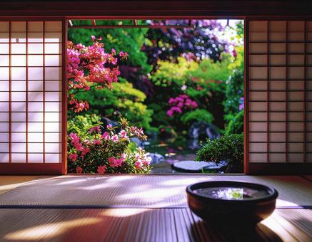 和室から眺める日本庭園の写真