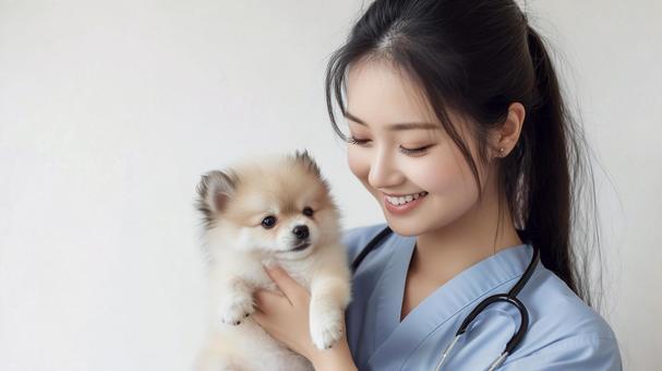 子犬を抱き優しく微笑む女性獣医師 子犬を抱き優しく微笑む女性獣医師の写真